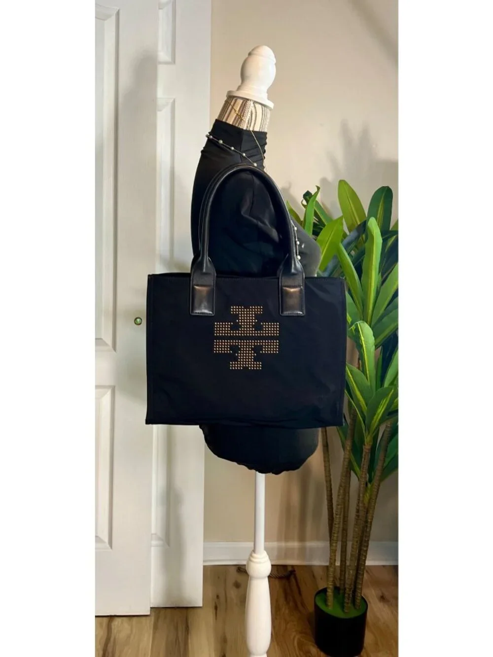 ***Tory Burch Black Nylon Tote Bag With Leather Handles & Studded Logo